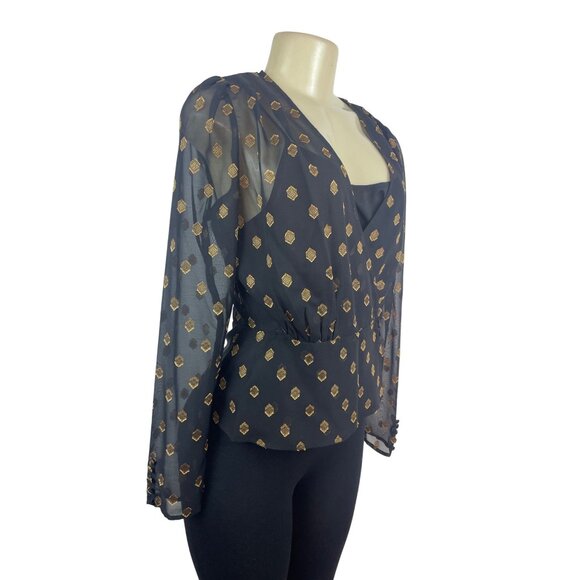 Chelsea- 28 Women Black & Gold Wrap Blouse With Geometric Print Button Sz S- New - Picture 2 of 9